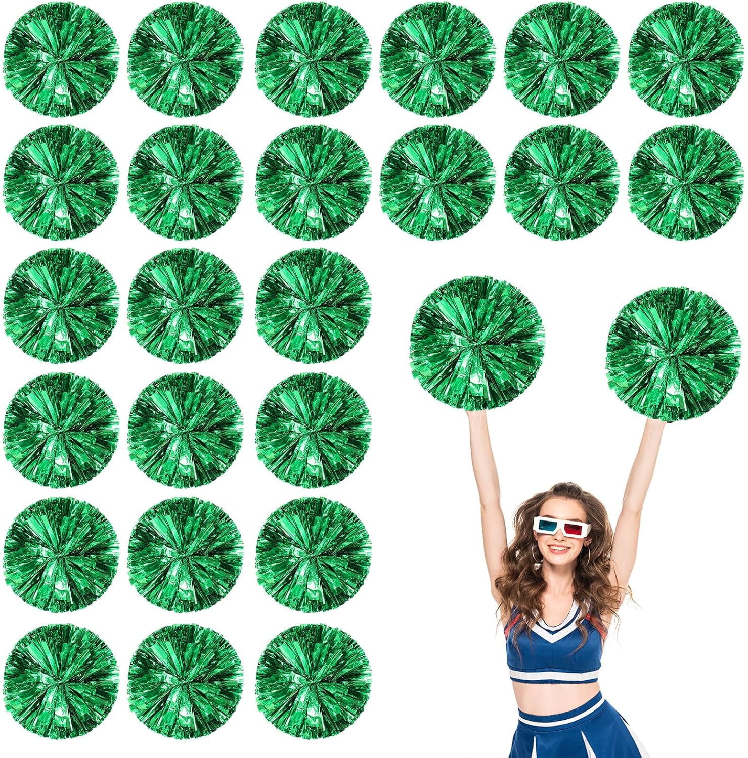 Cheerleader Pom Poms 24 Pack Sports Dance Cheering Plastic Metallic Cheerleading Pom Poms for Kids Adults-Ring Style