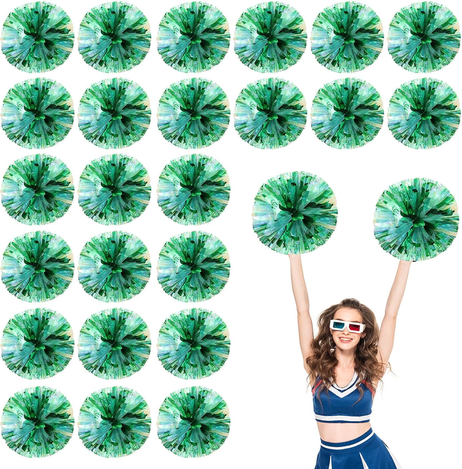 Cheerleader Pom Poms 24 Pack Sports Dance Cheering Plastic Metallic Cheerleading Pom Poms for Kids Adults-Ring Style