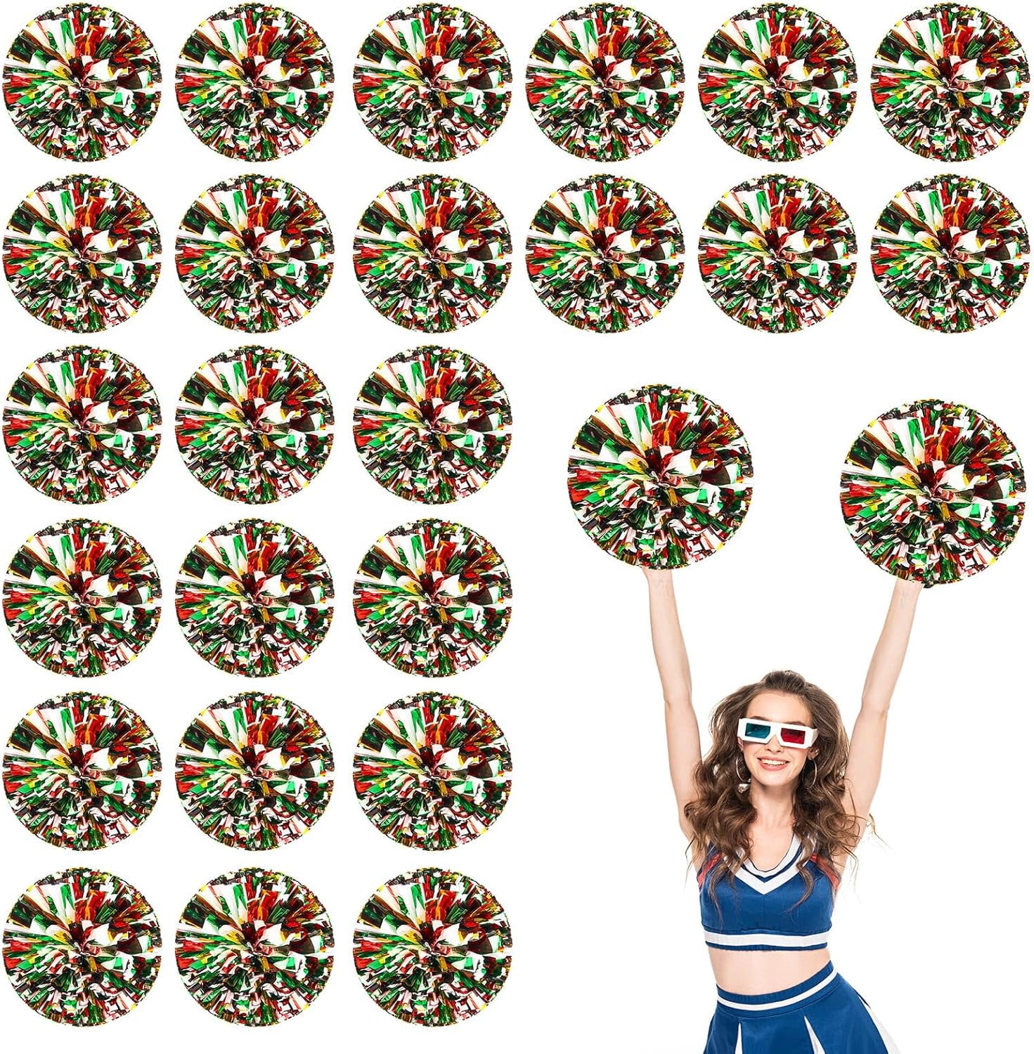 Cheerleader Pom Poms 24 Pack Sports Dance Cheering Plastic Metallic Cheerleading Pom Poms for Kids Adults-Ring Style