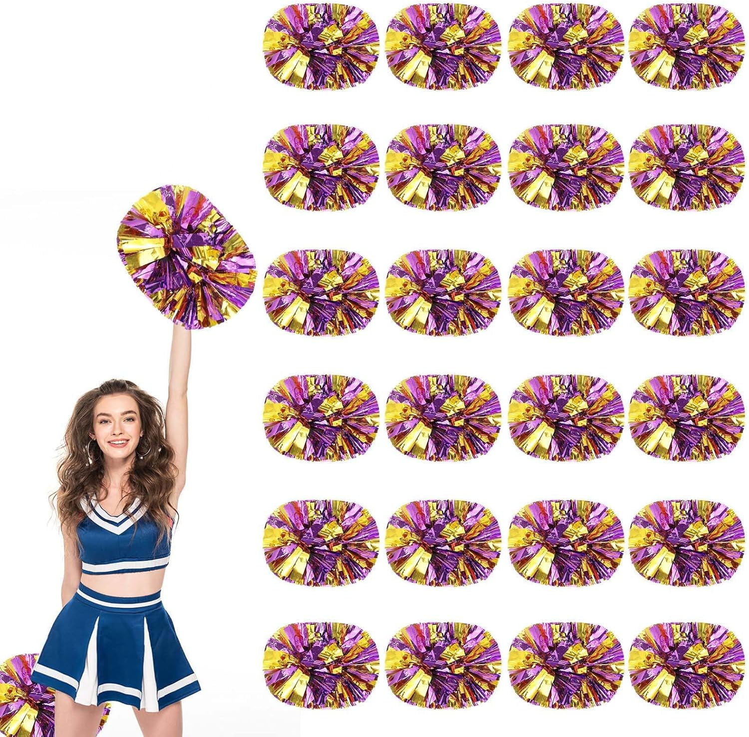 Cheerleader Pom Poms 24 Pack Sports Dance Cheering Plastic Metallic Cheerleading Pom Poms for Kids Adults.