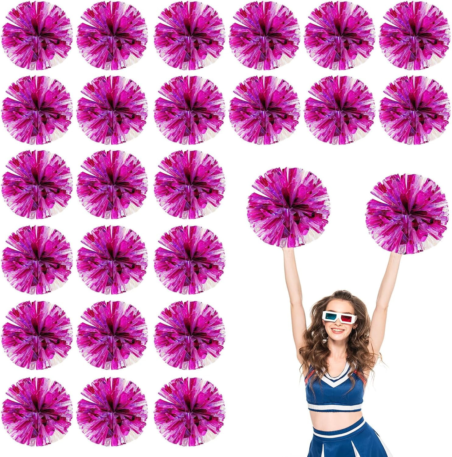 Cheerleader Pom Poms 24 Pack Sports Dance Cheering Plastic Metallic Cheerleading Pom Poms for Kids Adults-Ring Style