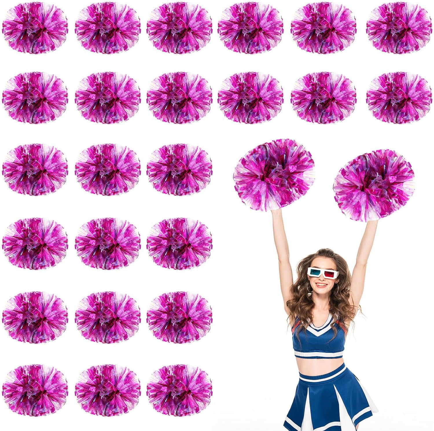 Cheerleader Pom Poms 24 Pack Sports Dance Cheering Plastic Metallic Cheerleading Pom Poms for Kids Adults
