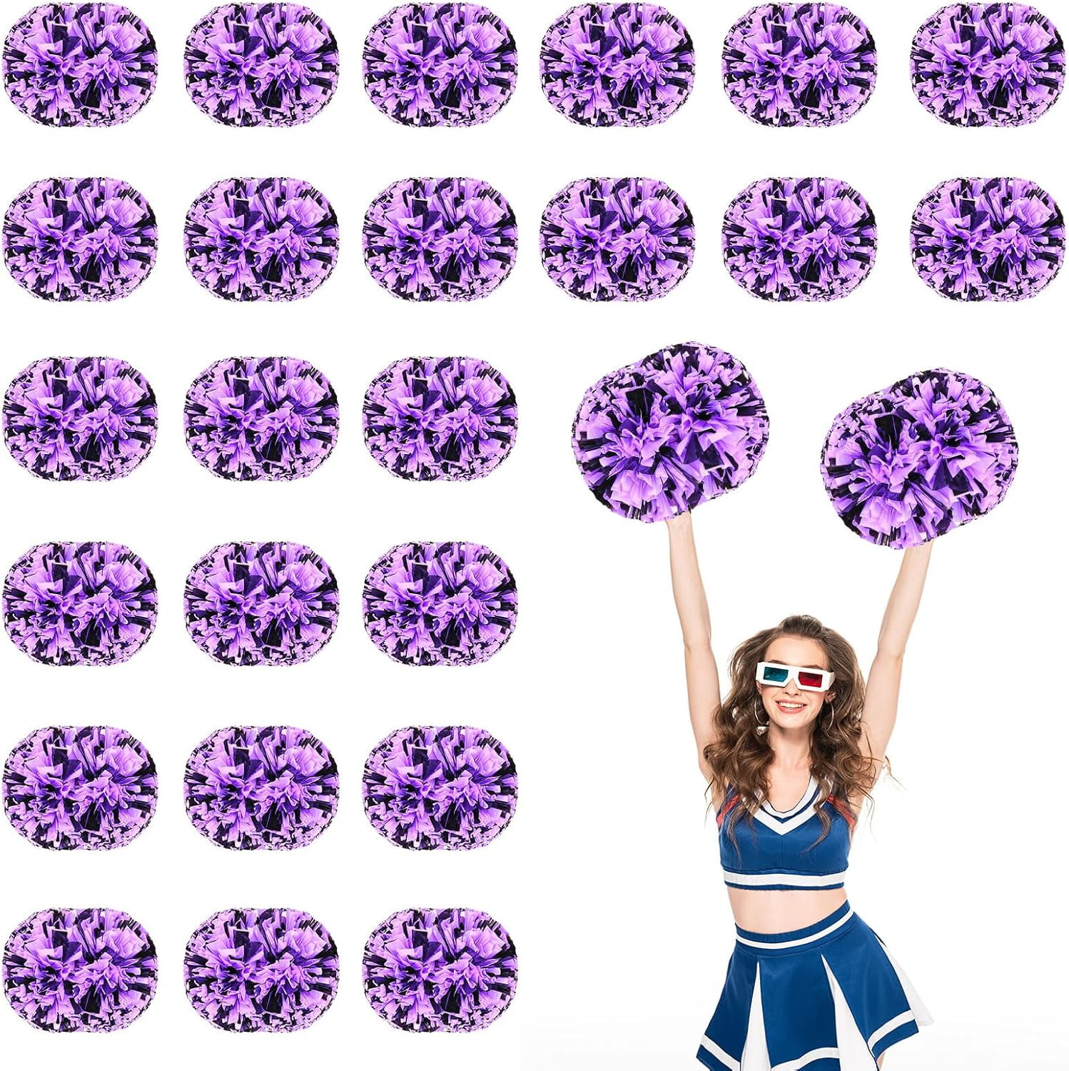 Cheerleader Pom Poms 24 Pack Sports Dance Cheering Plastic Metallic Cheerleading Pom Poms for Kids Adults.