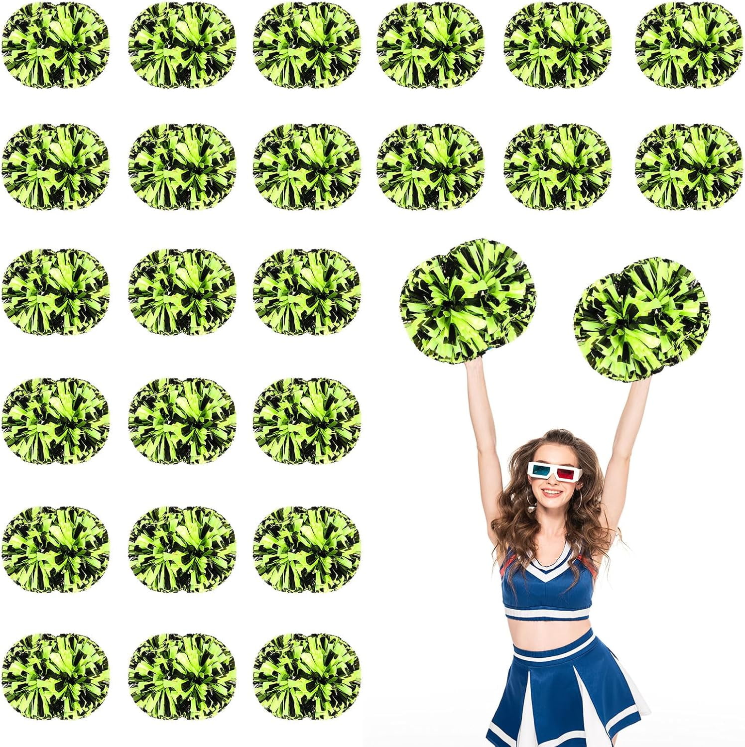 Cheerleader Pom Poms 24 Pack Sports Dance Cheering Plastic Metallic Cheerleading Pom Poms for Kids Adults.