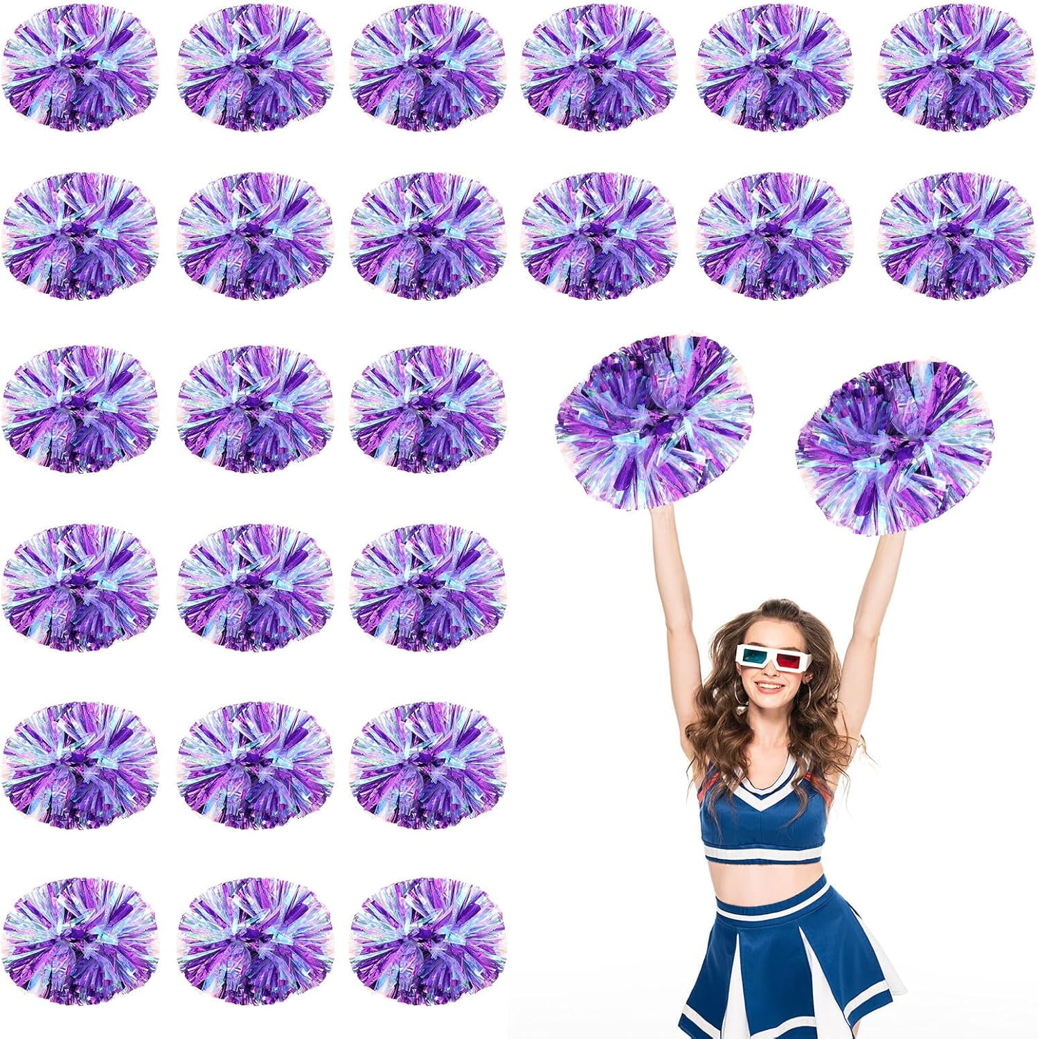Cheerleader Pom Poms 24 Pack Sports Dance Cheering Plastic Metallic Cheerleading Pom Poms for Kids Adults