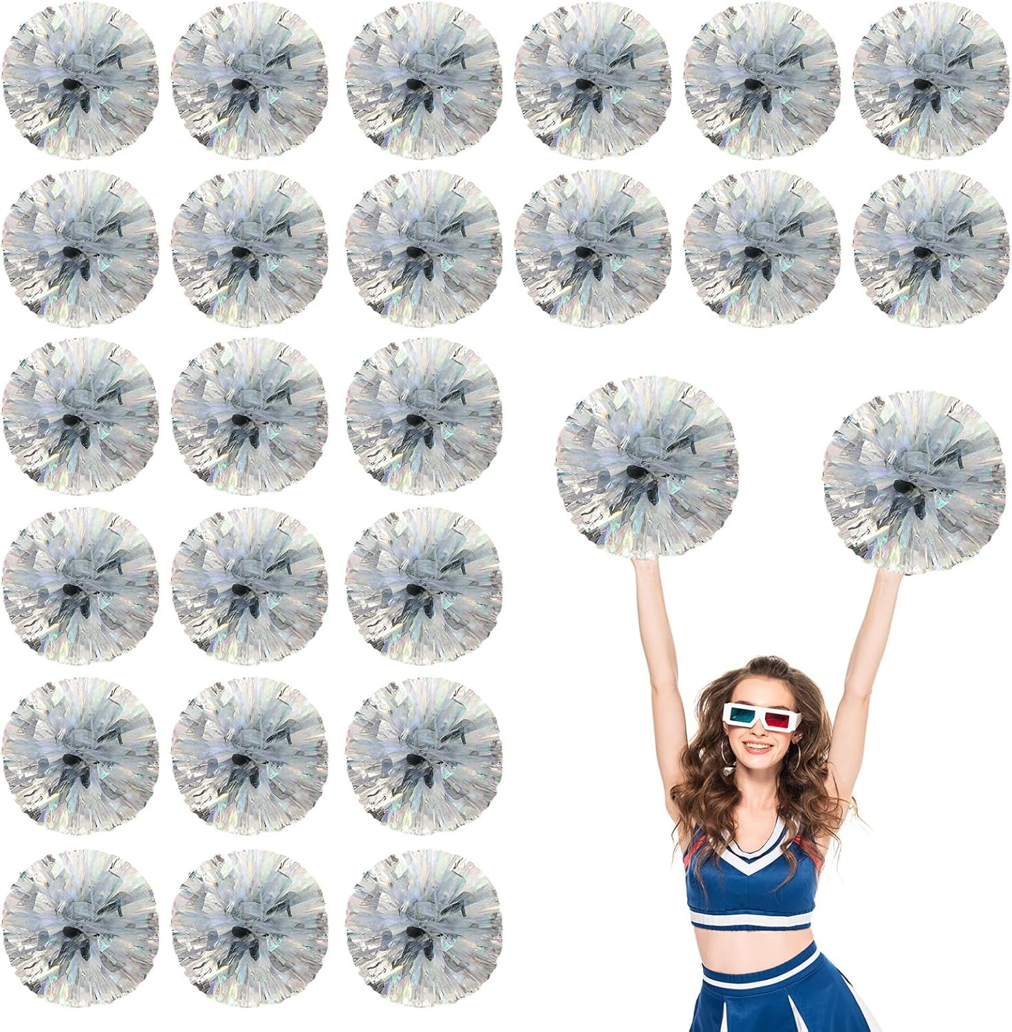 Cheerleader Pom Poms 24 Pack Sports Dance Cheering Plastic Metallic Cheerleading Pom Poms for Kids Adults-Ring Style