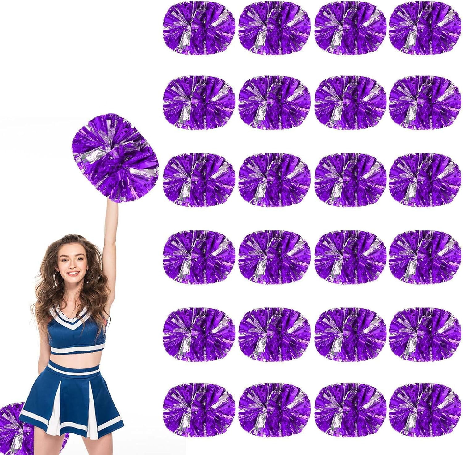 Cheerleader Pom Poms 24 Pack Sports Dance Cheering Plastic Metallic Cheerleading Pom Poms for Kids Adults.