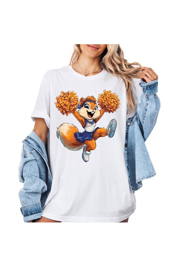 Cheerleader Squirrel T-Shirt, Cute Cartoon Squirrel Design with Pom Poms, Fun & Energetic Tee for Animal Lovers, Cheer Fans, and