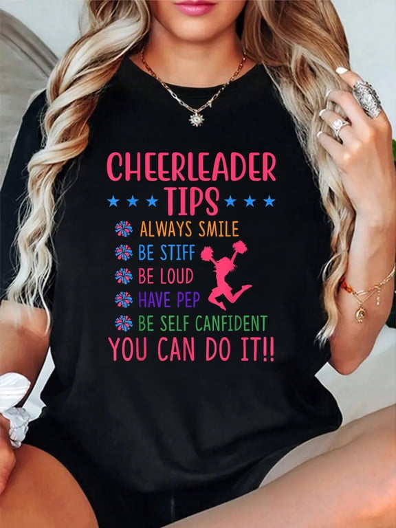 Cheerleader Tips Motivational Cheer Shirt Funny Cheerleading T-Shirt casual short sleeve crew neck cotton tee tops for women