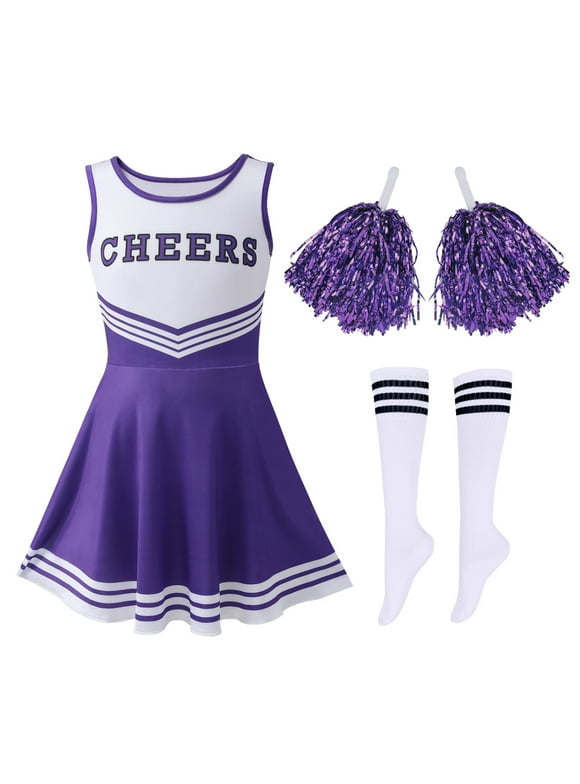 Cheerleader Uniform for Girls,Cheerleader Costume Fancy Dress Cheerleading Uniform with Cheer Pom-Pom and Knee High Socks,3-12Y
