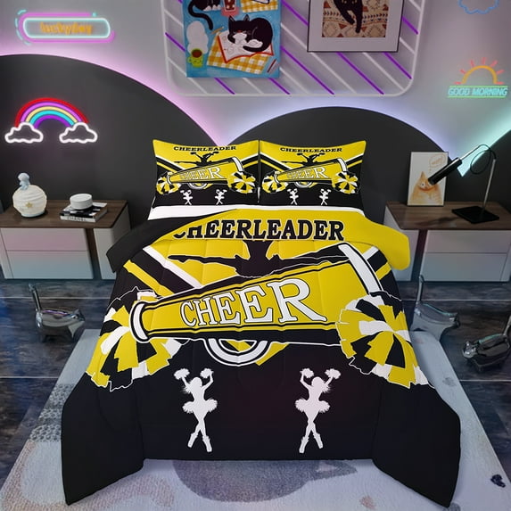 Cheerleading Bedding Queen Size Dance Princess Comforter Set Queen , Kawaii Cheerleader Duvet Insert Black and Yellow Quilt Set, Cheerleading Pompoms Print Bedding Comforters & Sets