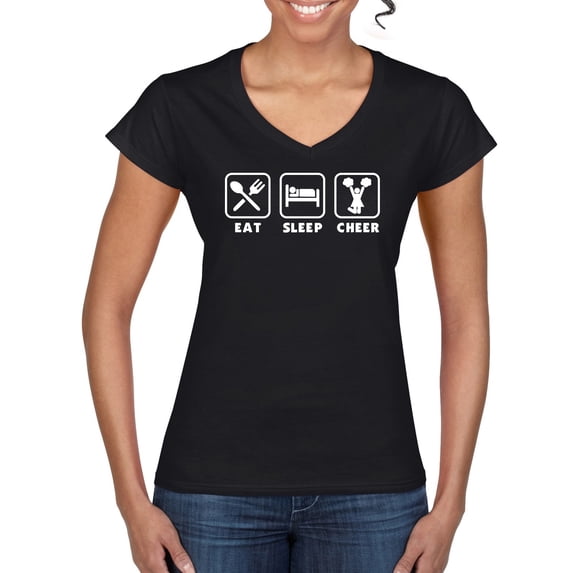 Cheerleading Eat Sleep Cheer Girl Sports Women’s Standard V-Neck Tee, Black, 2XL
