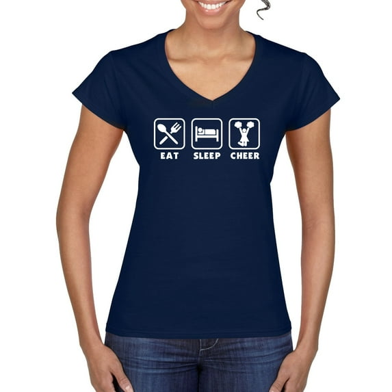 Cheerleading Eat Sleep Cheer Girl Sports Women's Standard V-Neck Tee, Navy, Large