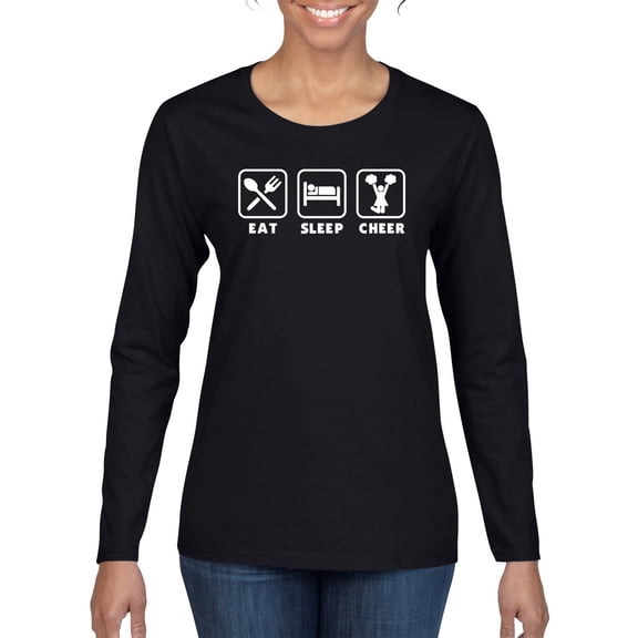 Cheerleading Eat Sleep Cheer Girl Sports Womens Graphic Long Sleeve T-Shirt, Black, Medium