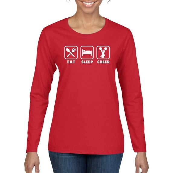 Cheerleading Eat Sleep Cheer Girl Sports Womens Graphic Long Sleeve T-Shirt, Red, Medium