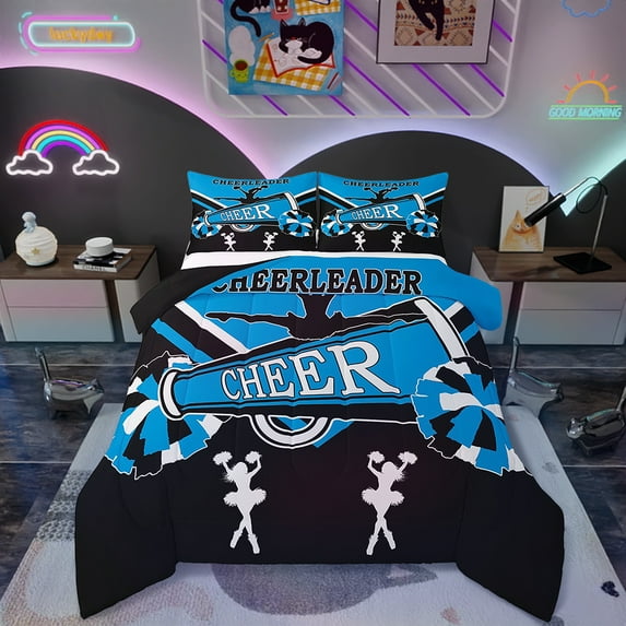 Cheerleading Full Comforter Set Dance Princess Bedding Set Full , Kawaii Cheerleader Bedding Comforter Sets Black and Navy Blue Duvet Set, Cheerleading Pompoms Print Quilted Comforter