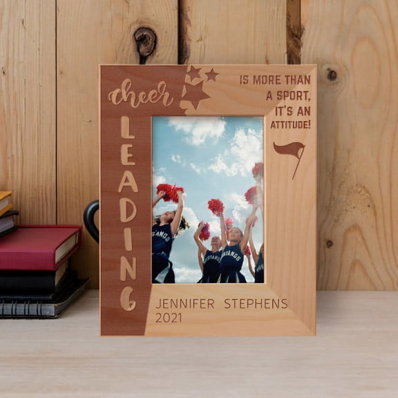 Cheerleading Is More Than A Sport, It's An Attitude Personalized Wooden Frame 3 1/2" x 5" Brown (Vertical)