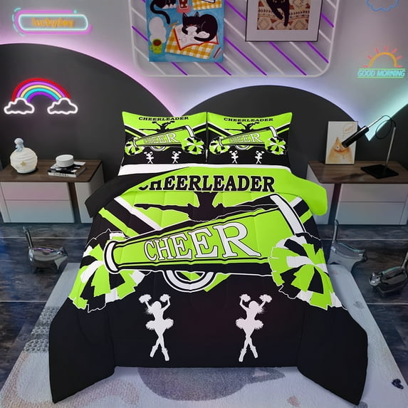 Cheerleading King Comforter Set Cute Cheerleader Bedding Set King, Black and Green Yellow Bedding Comforter Sets Dancer Princess Duvet Set, Cheerleading Dance Quilted Comforter Room Decorative