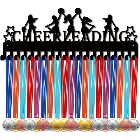 Cheerleading Medal Hanger Display Medals Holder Rack Black Metal Shelf Hanger Organizer Medal Stand Iron Frame Wall Mounted with 20 Hooks for Over 50 Medals Ribbon Award 15.7x6Inch DIY