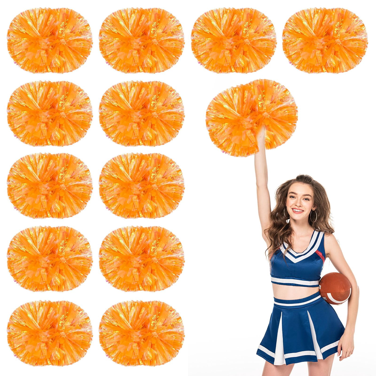 Cheerleading Pom Poms 12 Pcs with Handle Style, Handheld Squad Pompoms for Sports Team Cheer Spirit Games Dance Party Adults