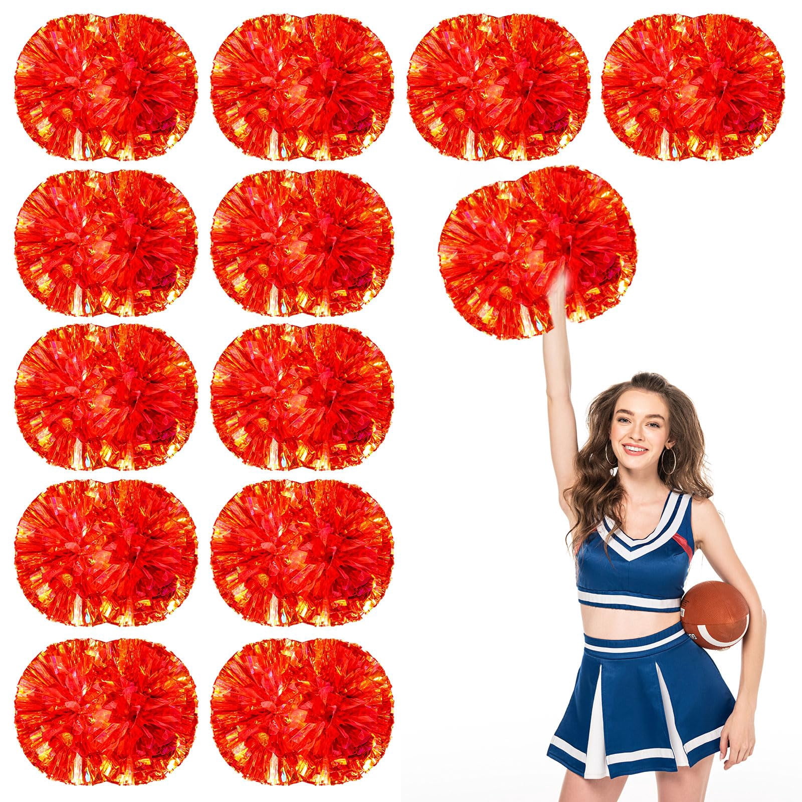 Cheerleading Pom Poms 12 Pcs with Handle Style, Handheld Squad Pompoms for Sports Team Cheer Spirit Games Dance Party Adults