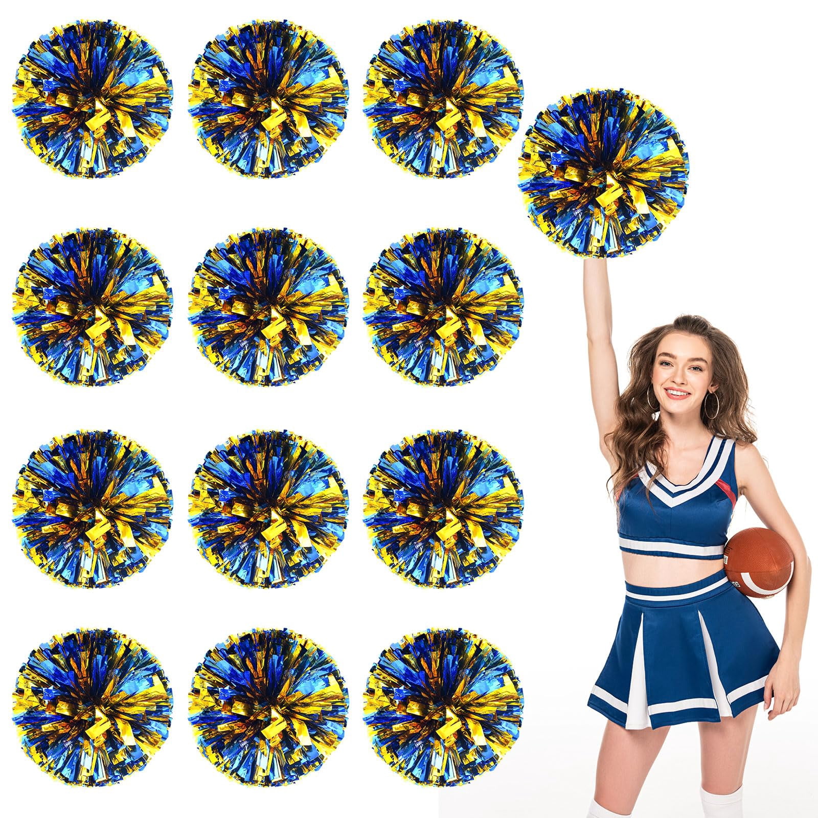 Cheerleading Pom Poms 12 Pcs with Straight Handle, Handheld Squad Pompoms for Sports Team Cheer Spirit Games, Dance Party Adults