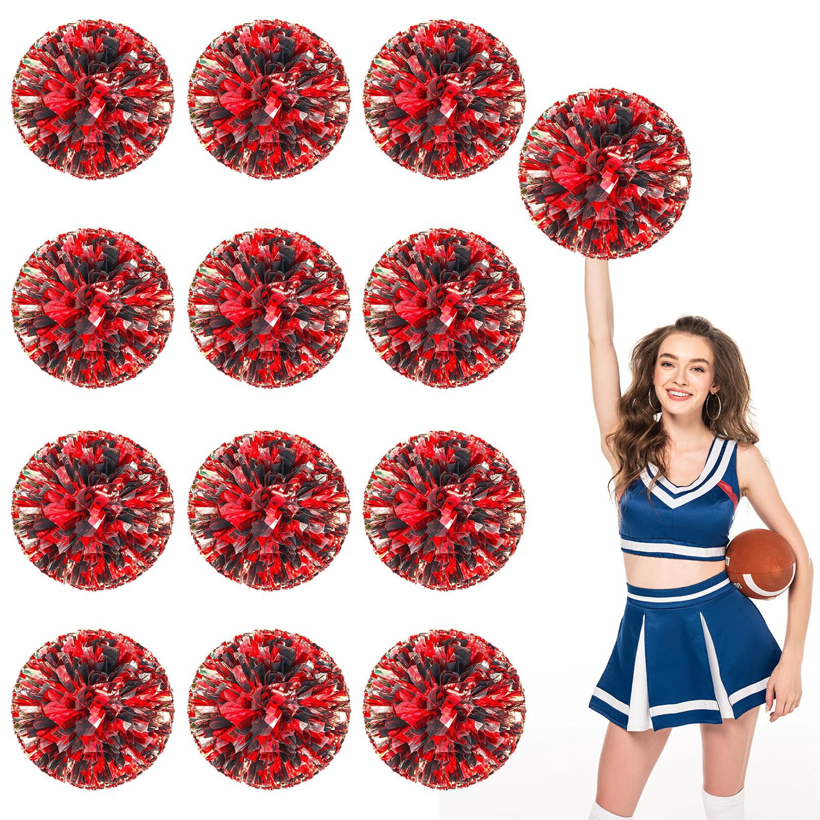 Cheerleading Pom Poms 12 Pcs with Straight Handle, Handheld Squad Pompoms for Sports Team Cheer Spirit Games, Dance Party Adults