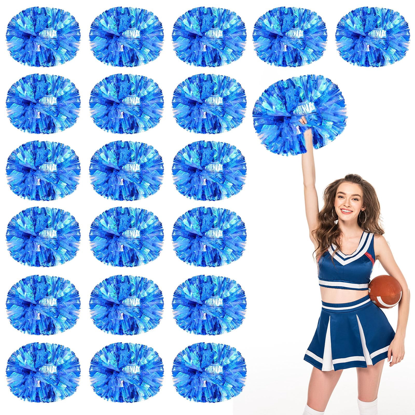 Cheerleading Pom Poms 18 Pcs with Handle Style, Handheld Squad Pompoms for Sports Team Cheer Spirit Games Dance Party Adults