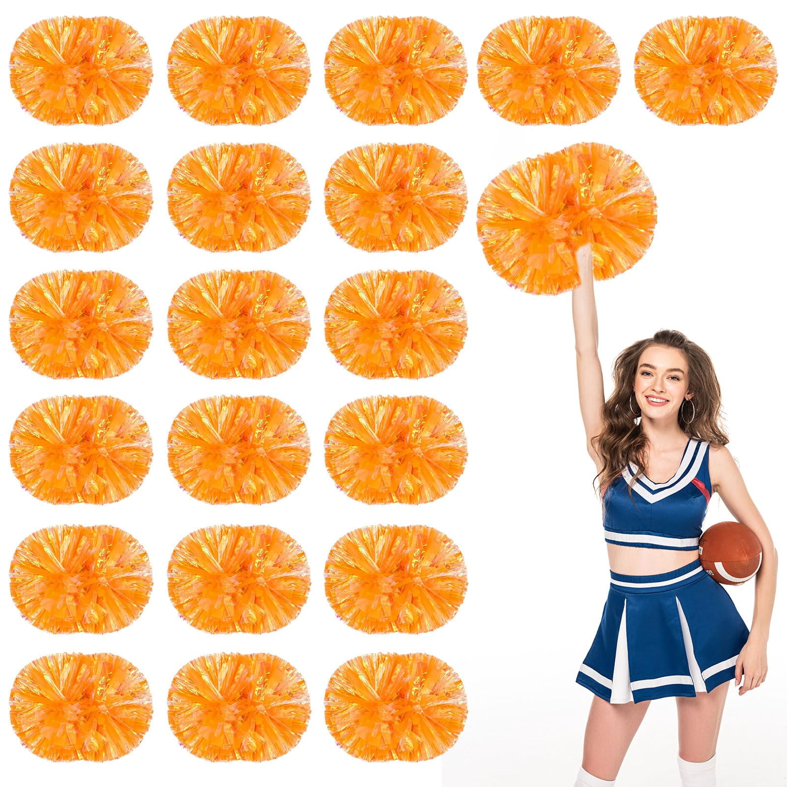 Cheerleading Pom Poms 18 Pcs with Handle Style, Handheld Squad Pompoms for Sports Team Cheer Spirit Games Dance Party Adults