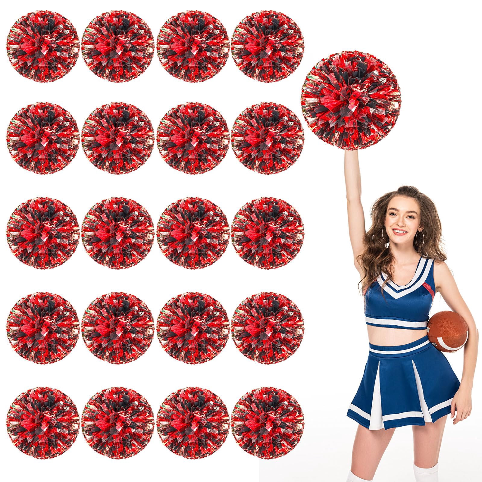 Cheerleading Pom Poms 18 Pcs with Straight Handle, Handheld Squad Pompoms for Sports Team Cheer Spirit Games, Dance Party Adults