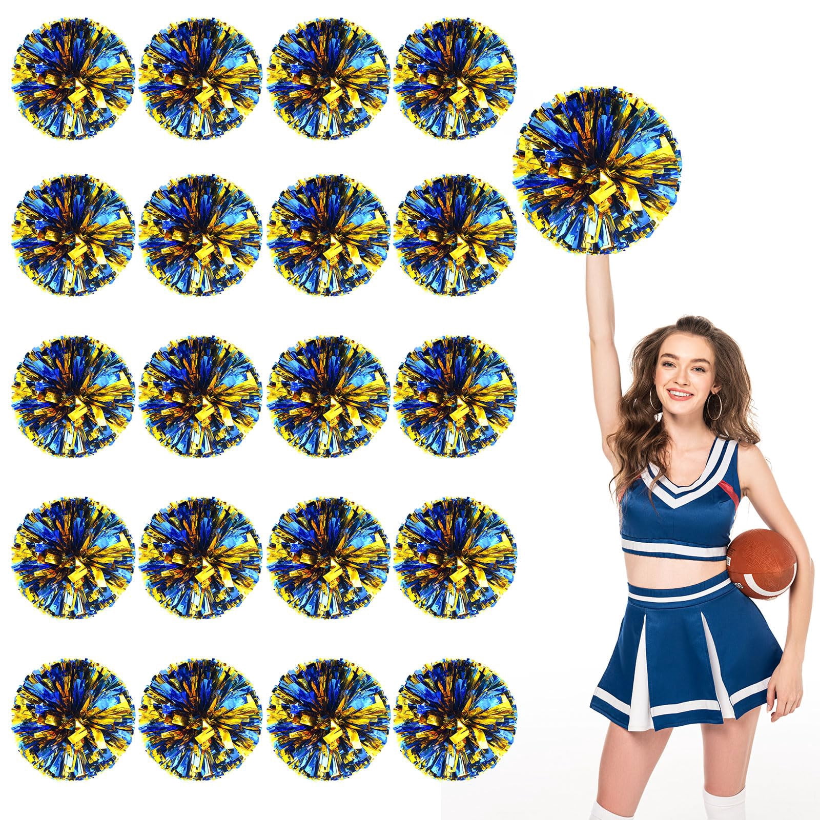Cheerleading Pom Poms 18 Pcs with Straight Handle, Handheld Squad Pompoms for Sports Team Cheer Spirit Games, Dance Party Adults
