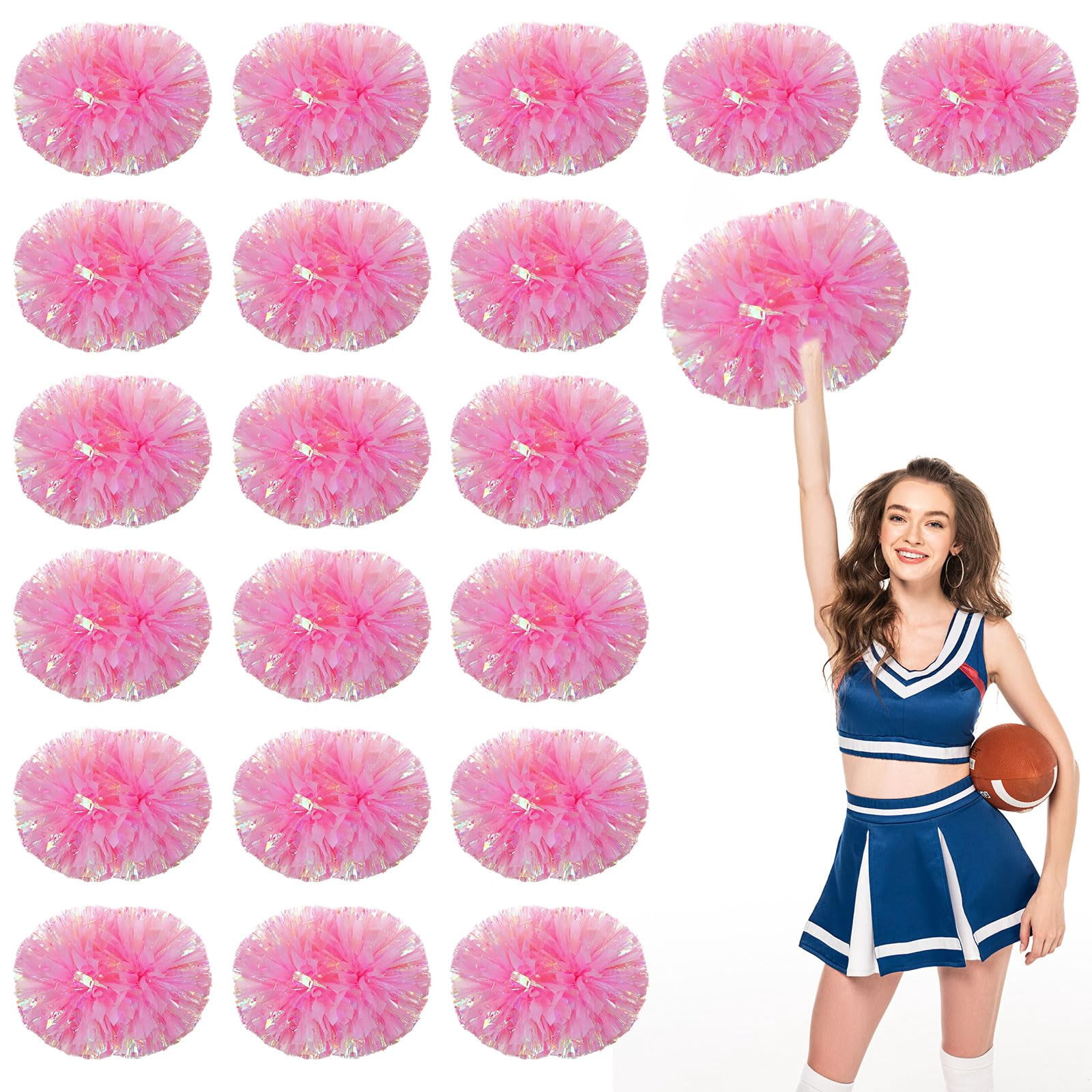 Cheerleading Pom Poms 20 Pcs with Handle Style, Handheld Squad Pompoms for Sports Team Cheer Spirit Games Dance Party Adults