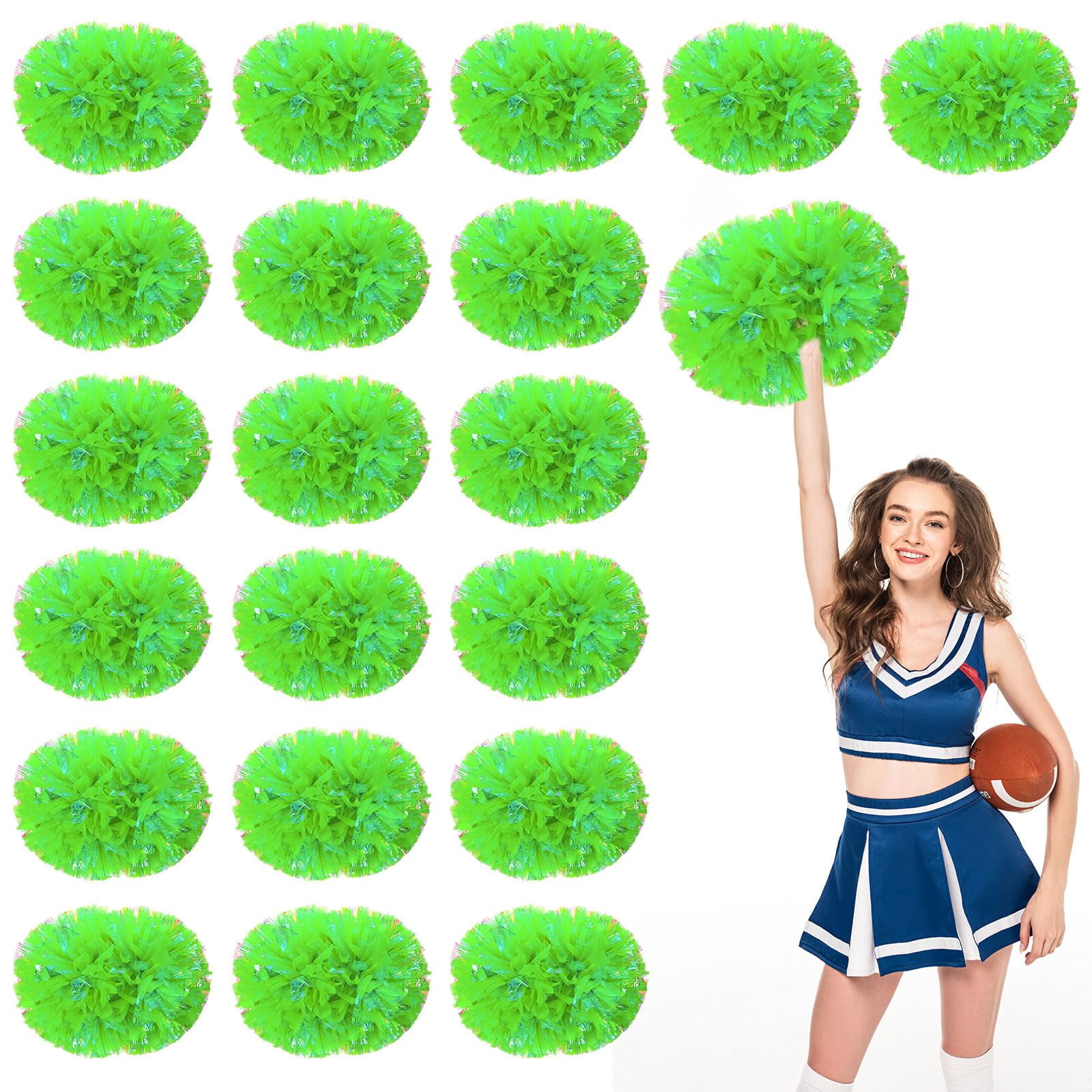 Cheerleading Pom Poms 20 Pcs with Handle Style, Handheld Squad Pompoms for Sports Team Cheer Spirit Games Dance Party Adults