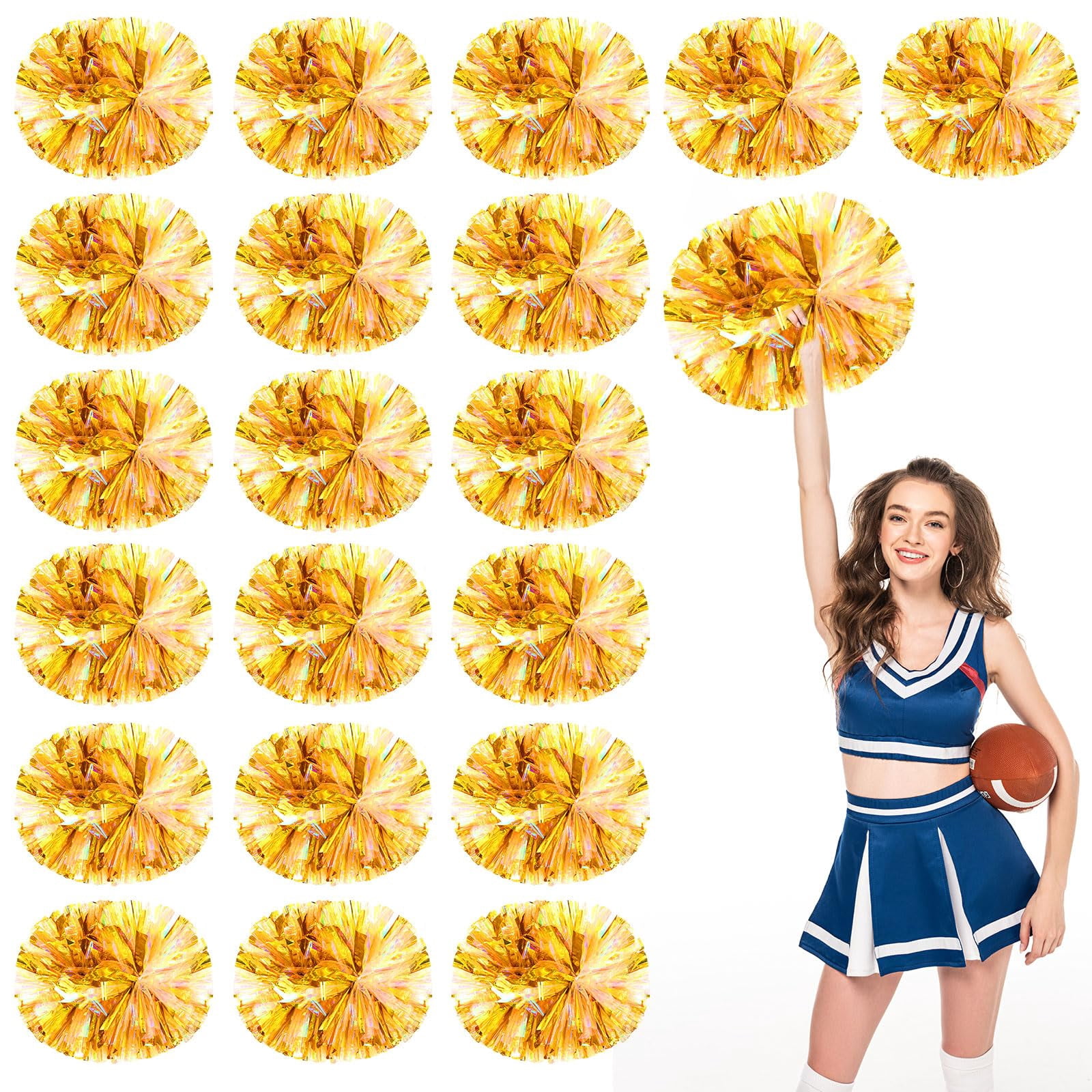 Cheerleading Pom Poms 20 Pcs with Handle Style, Handheld Squad Pompoms for Sports Team Cheer Spirit Games Dance Party Adults