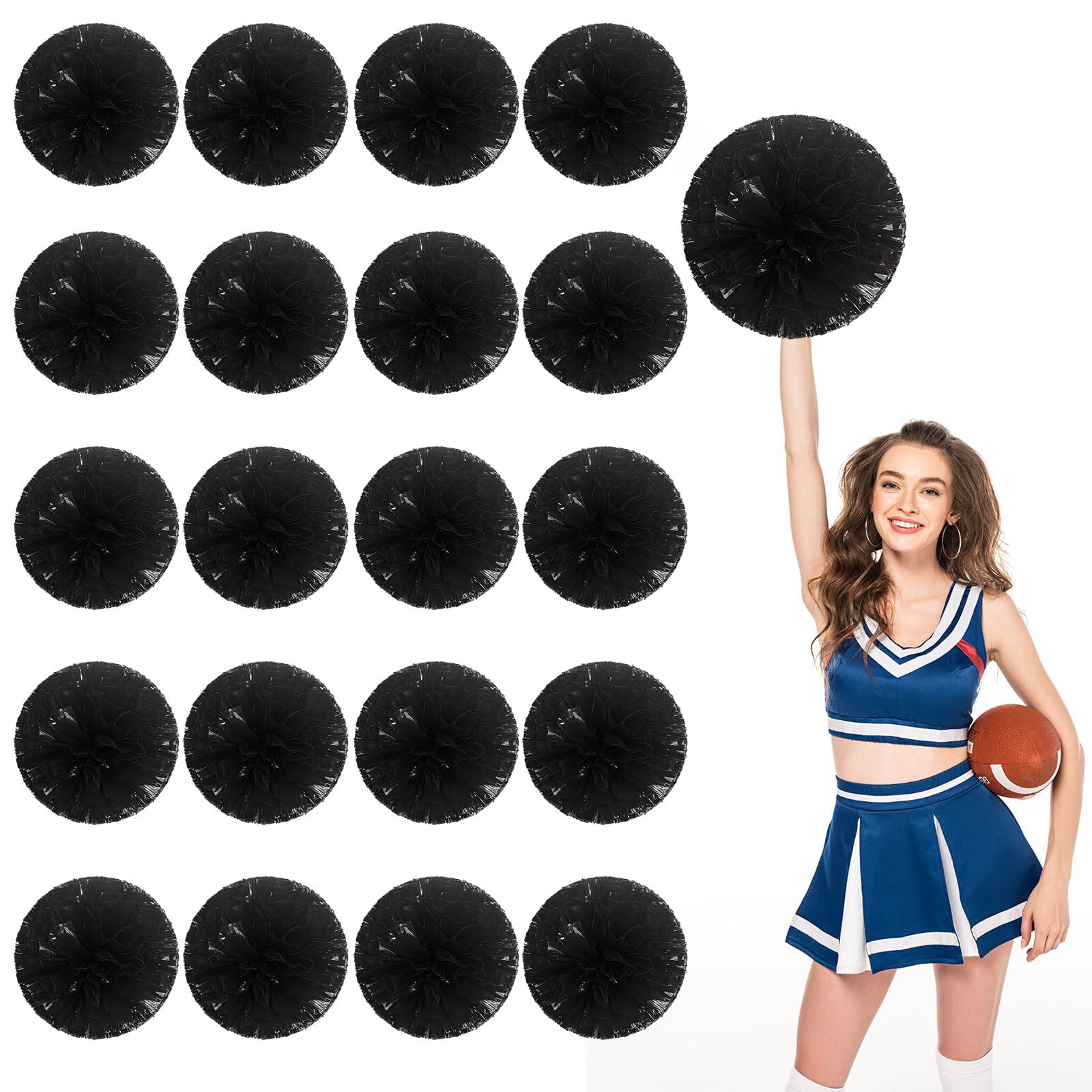 Cheerleading Pom Poms 20 Pcs with Straight Handle, Handheld Squad Pompoms for Sports Team Cheer Spirit Games, Dance Party Adults