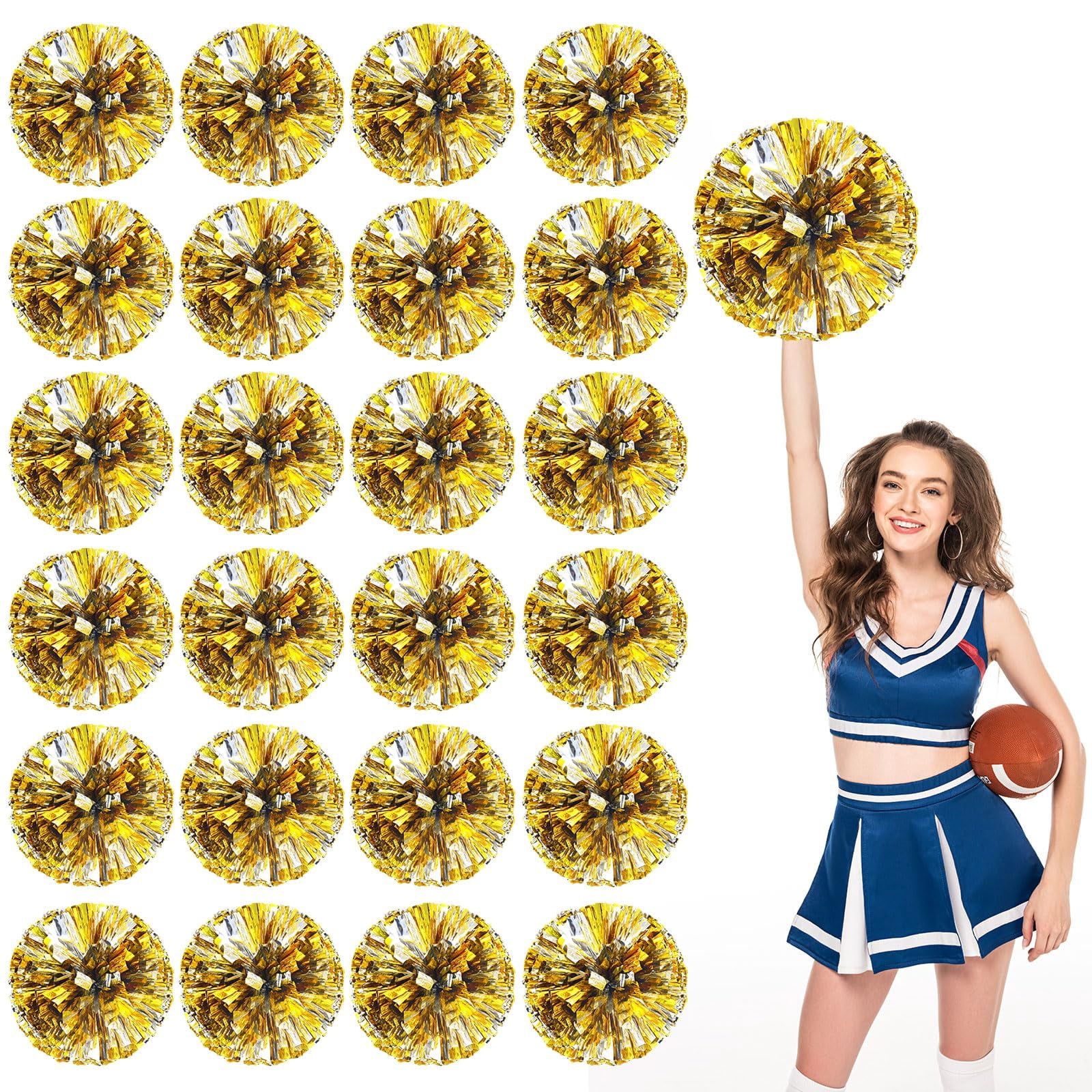 Cheerleading Pom Poms 22 Pcs with Straight Handle, Handheld Squad Pompoms for Sports Team Cheer Spirit Games, Dance Party Adults