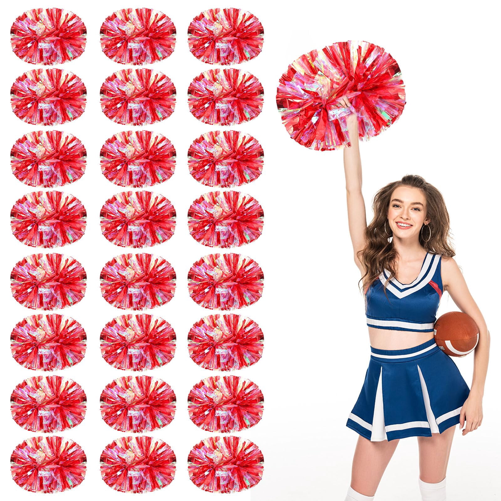Cheerleading Pom Poms 24 Pcs with Handle Style, Handheld Squad Pompoms for Sports Team Cheer Spirit Games Dance Party Adults