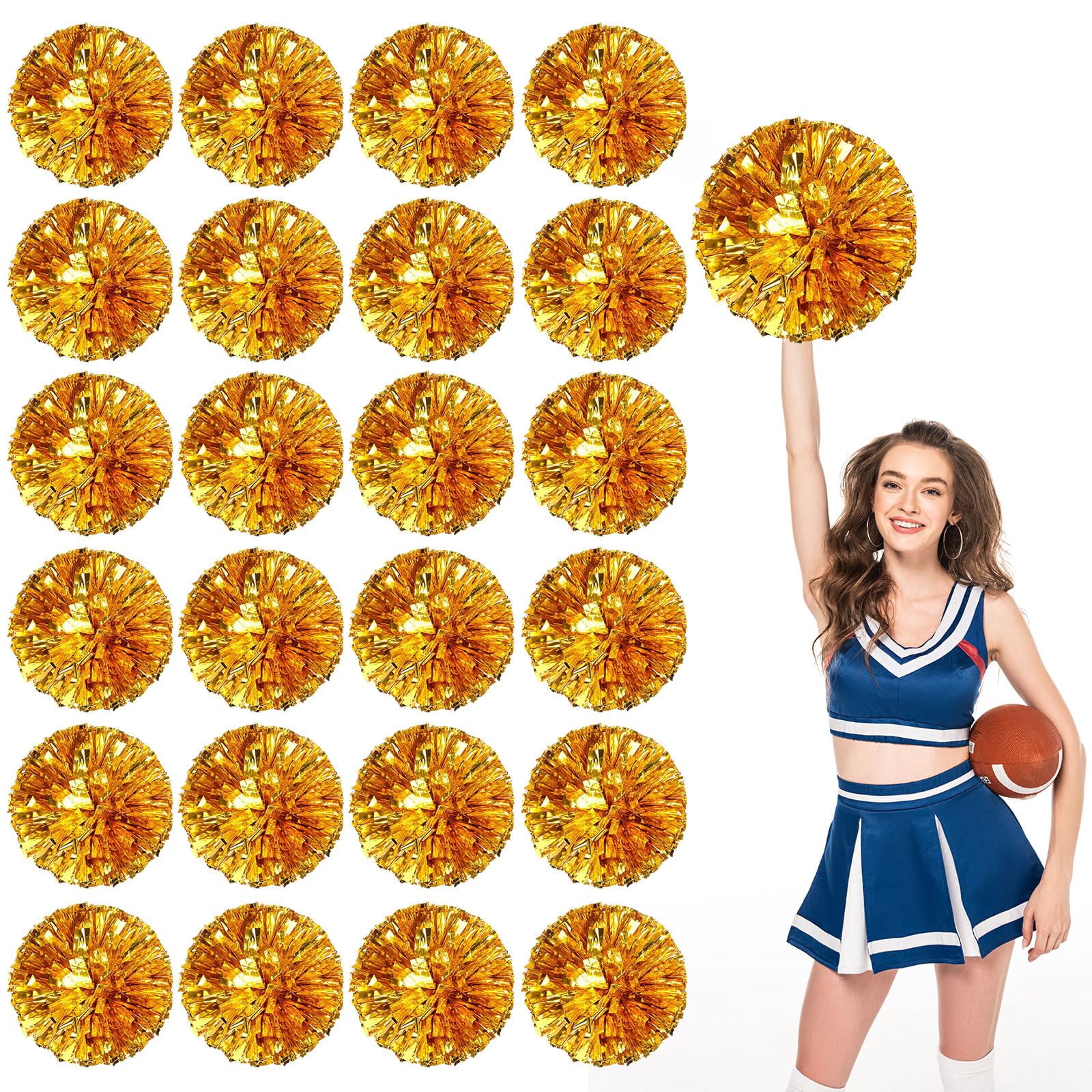 Cheerleading Pom Poms 24 Pcs with Straight Handle, Handheld Squad Pompoms for Sports Team Cheer Spirit Games, Dance Party Adults
