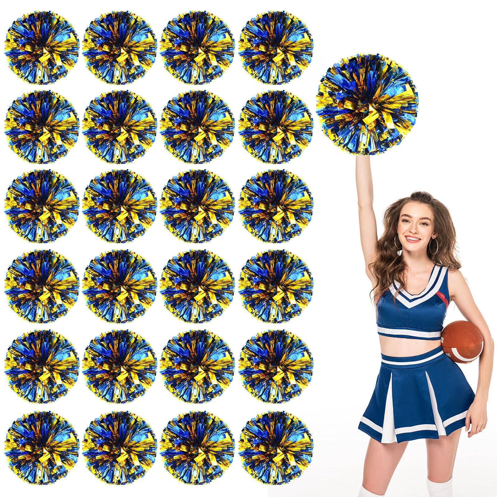 Cheerleading Pom Poms 24 Pcs with Straight Handle, Handheld Squad Pompoms for Sports Team Cheer Spirit Games, Dance Party Adults