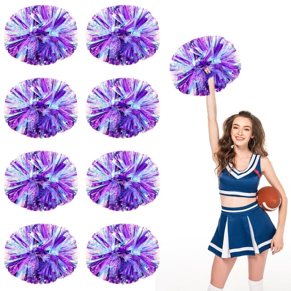 Cheerleading Pom Poms 8 Pcs with Handle Style, Handheld Squad Pompoms for Sports Team Cheer Spirit Games Dance Party Adults