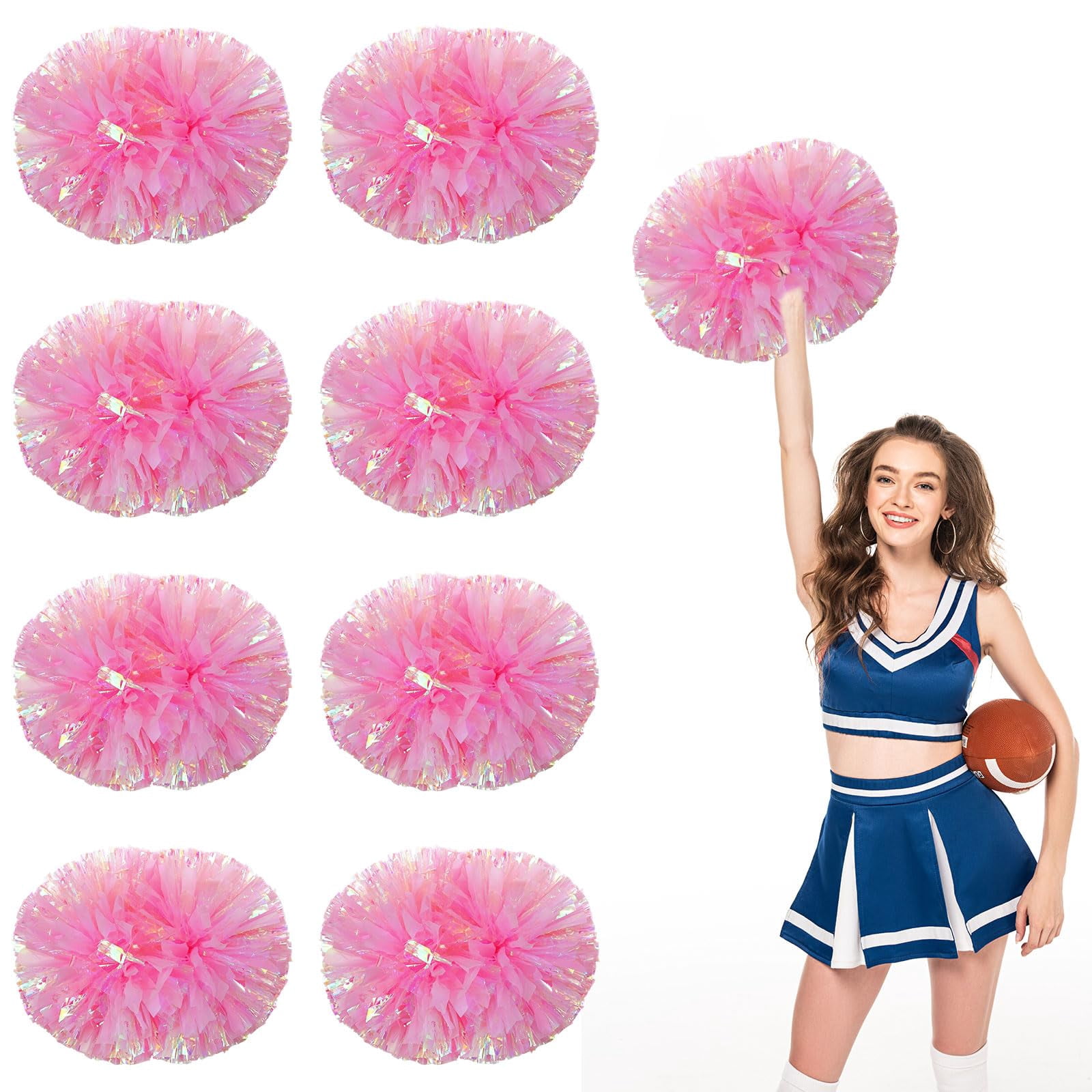 Cheerleading Pom Poms 8 Pcs with Handle Style, Handheld Squad Pompoms for Sports Team Cheer Spirit Games Dance Party Adults