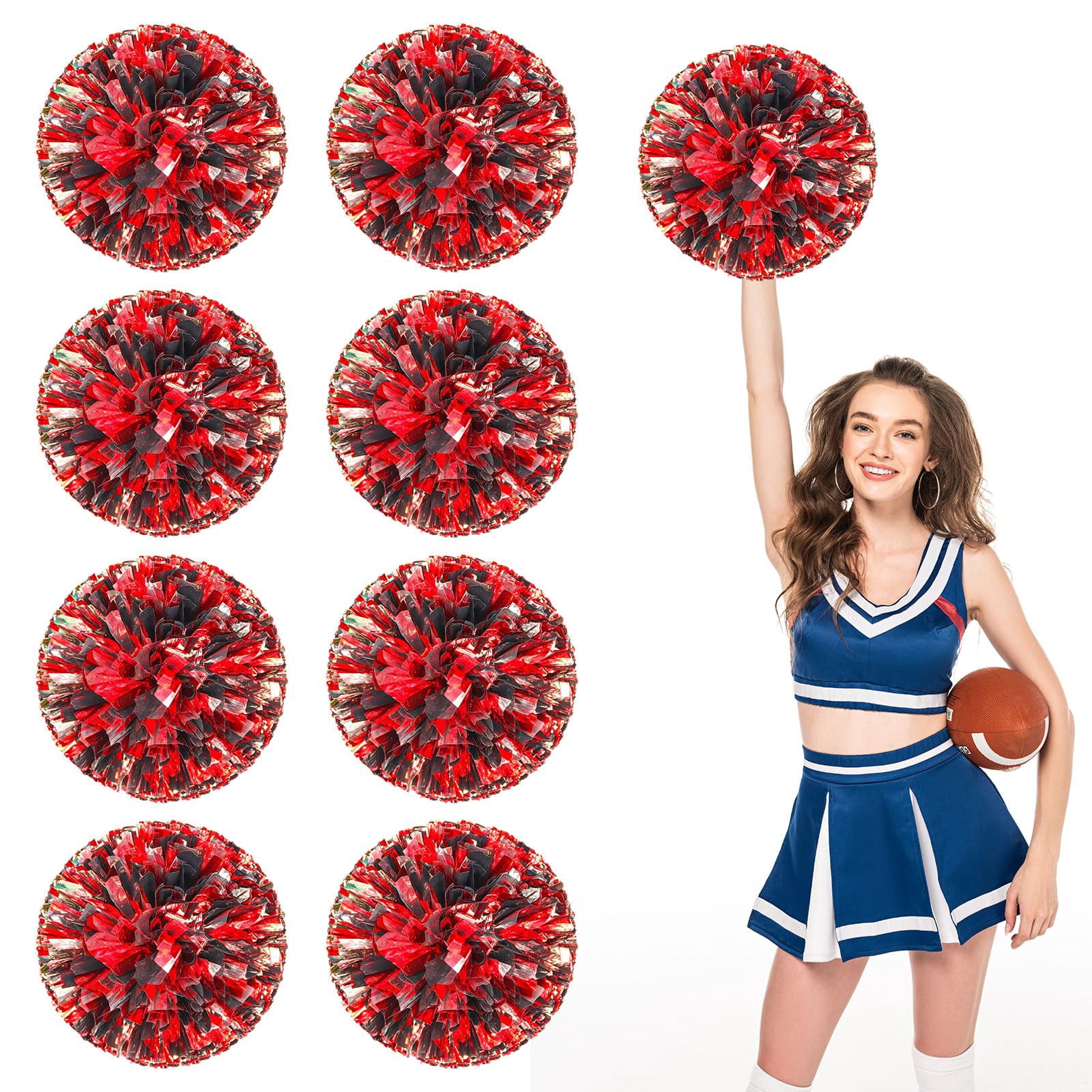 Cheerleading Pom Poms 8 Pcs with Straight Handle, Handheld Squad Pompoms for Sports Team Cheer Spirit Games, Dance Party Adults