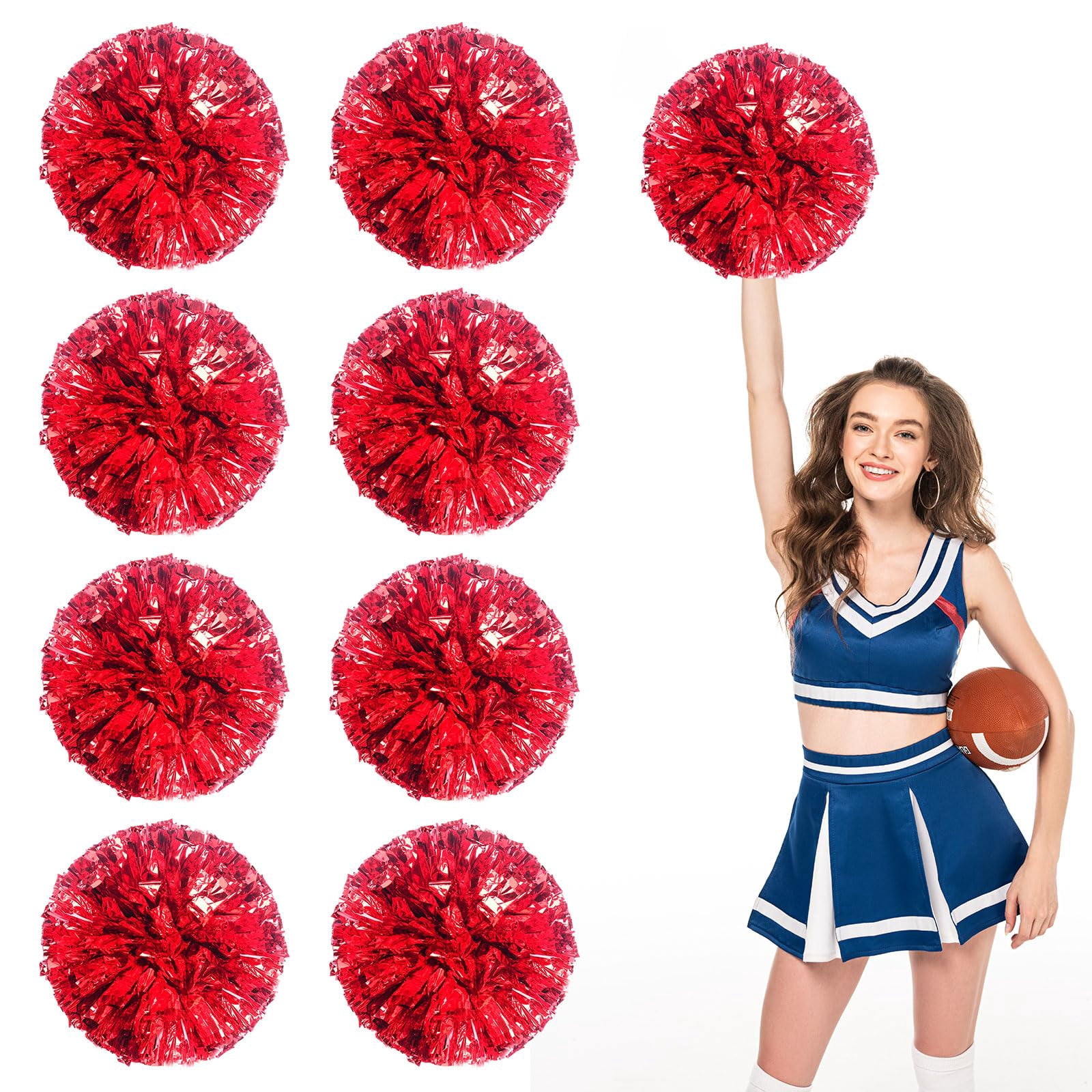 Cheerleading Pom Poms 8 Pcs with Straight Handle, Handheld Squad Pompoms for Sports Team Cheer Spirit Games, Dance Party Adults