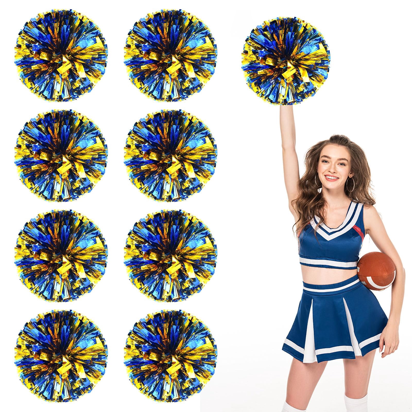 Cheerleading Pom Poms 8 Pcs with Straight Handle, Handheld Squad Pompoms for Sports Team Cheer Spirit Games, Dance Party Adults