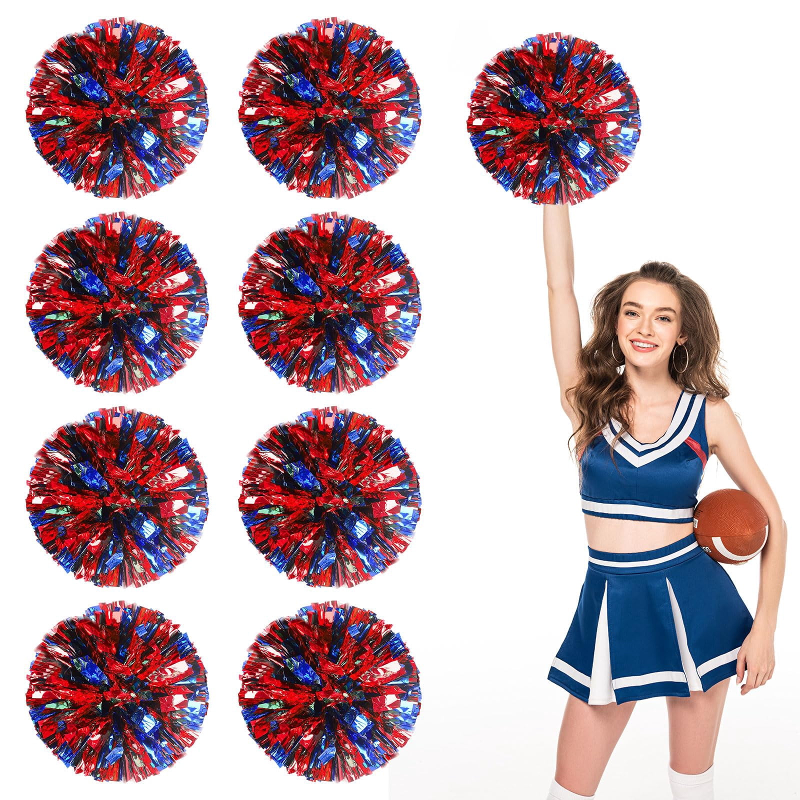 Cheerleading Pom Poms 8 Pcs with Straight Handle, Handheld Squad Pompoms for Sports Team Cheer Spirit Games, Dance Party Adults