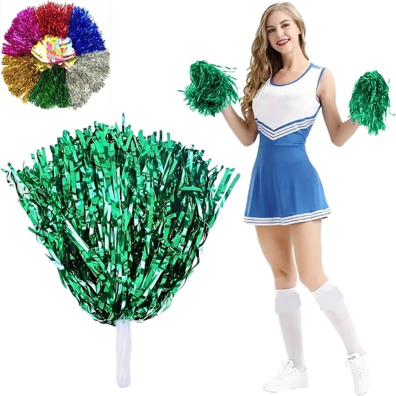 Cheerleading Pom Poms Metallic Foil Plastic Pom Poms with Plastic Handle for Game Sports Squads Dancing Party Football Basketball Club Spirit Sports Stage Performance Celebration(Green)