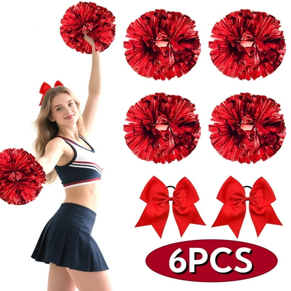 Cheerleading Pom Poms with Jumbo Bows Stable Handle Cheerleading Stuff for Team Spirit Sports Dance Cheering Adults Red 6PCS