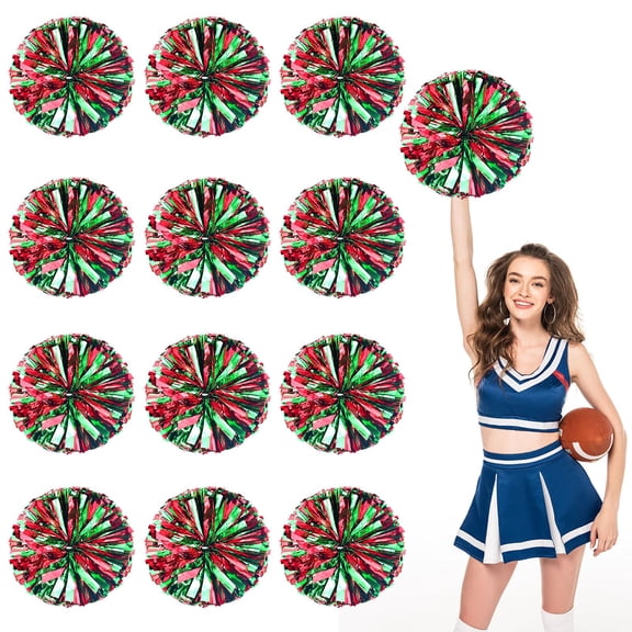 Cheerleading Poms 12 Pack- Handheld Cheerleading Pompoms For Basketball Football Volleyball- Cheer Spirit Supplies- Metallic Streamers For Dance And Games.