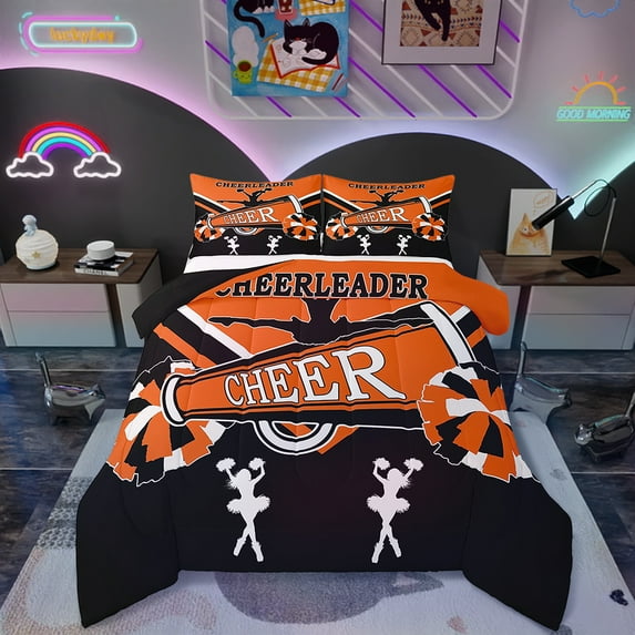 Cheerleading Queen Bedding Sets Cute Cheerleader Comforter Set, Black and Orange Down Comforter Dancer Princess Bedding Comforter Sets, Cheerleading Dance Duvet Insert Room Decorative
