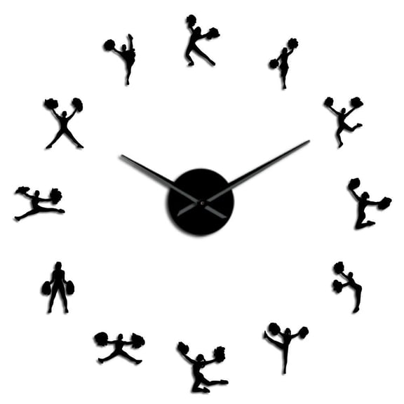 Cheerleading Silhouettes Frameless Wall Clock Stickers, DIY Modern Decorative Clocks for Living Room, Bedroom, Office - Easy to Install, Large 3D Clock Design (Black,37in)